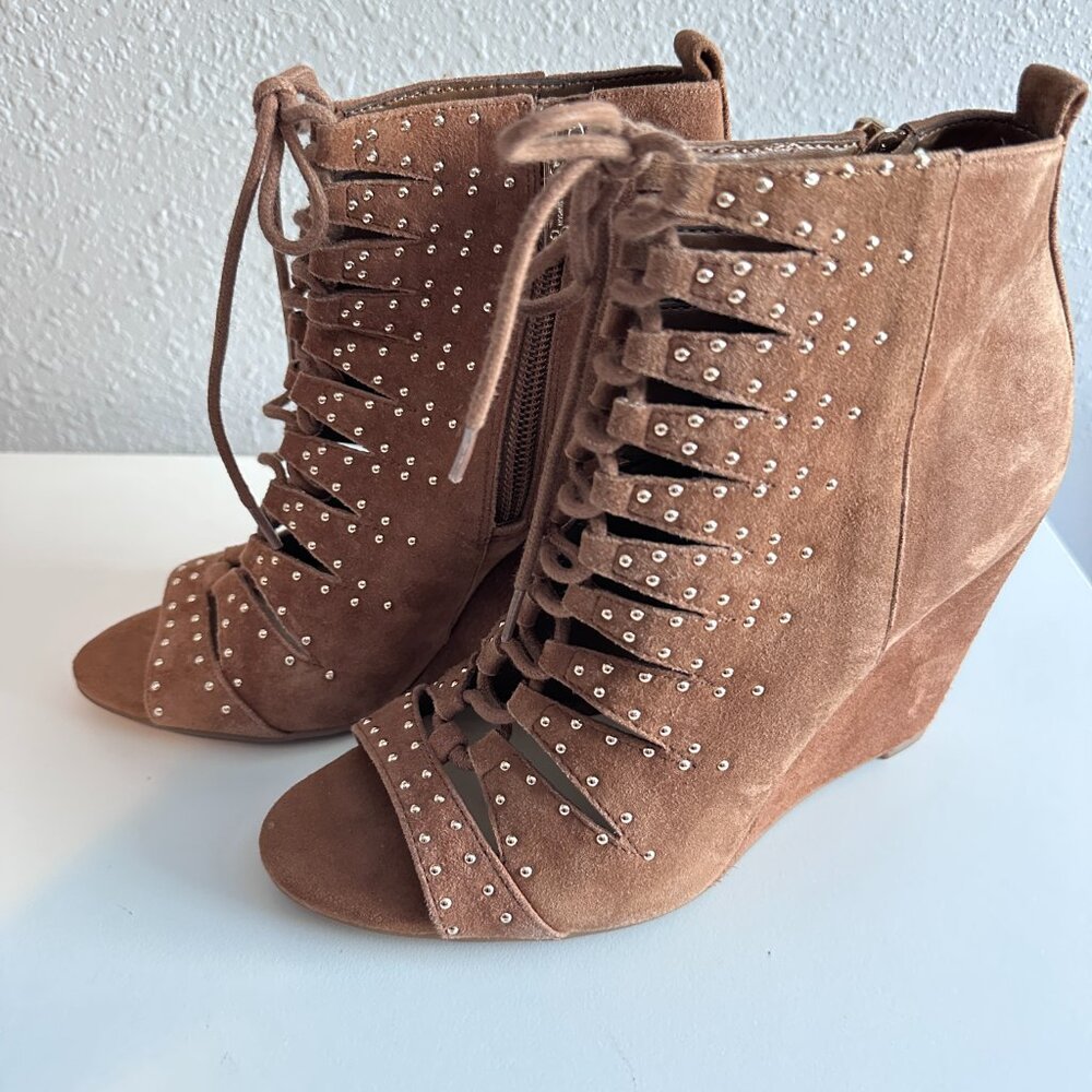 JESSICA SIMPSON | Barlette Brown Studded Open Toe Lace Up Wedge Bootie | Brown